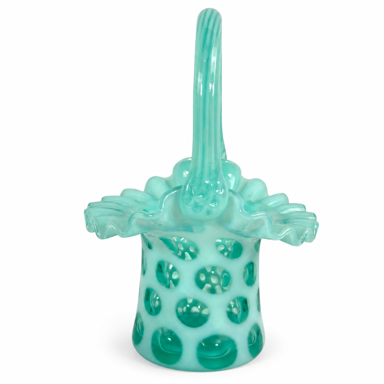 Vintage Fenton teal opalescent Coin Dot art glass basket