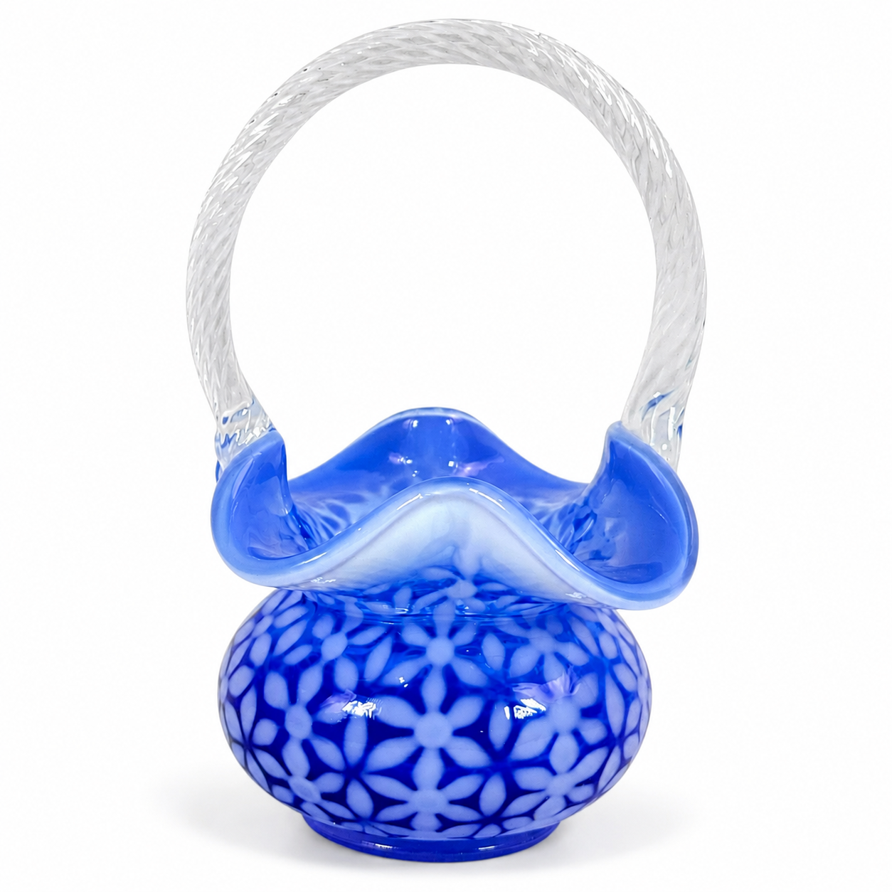 Fenton Cobalt Opalescent Snowflake Potbelly Basket