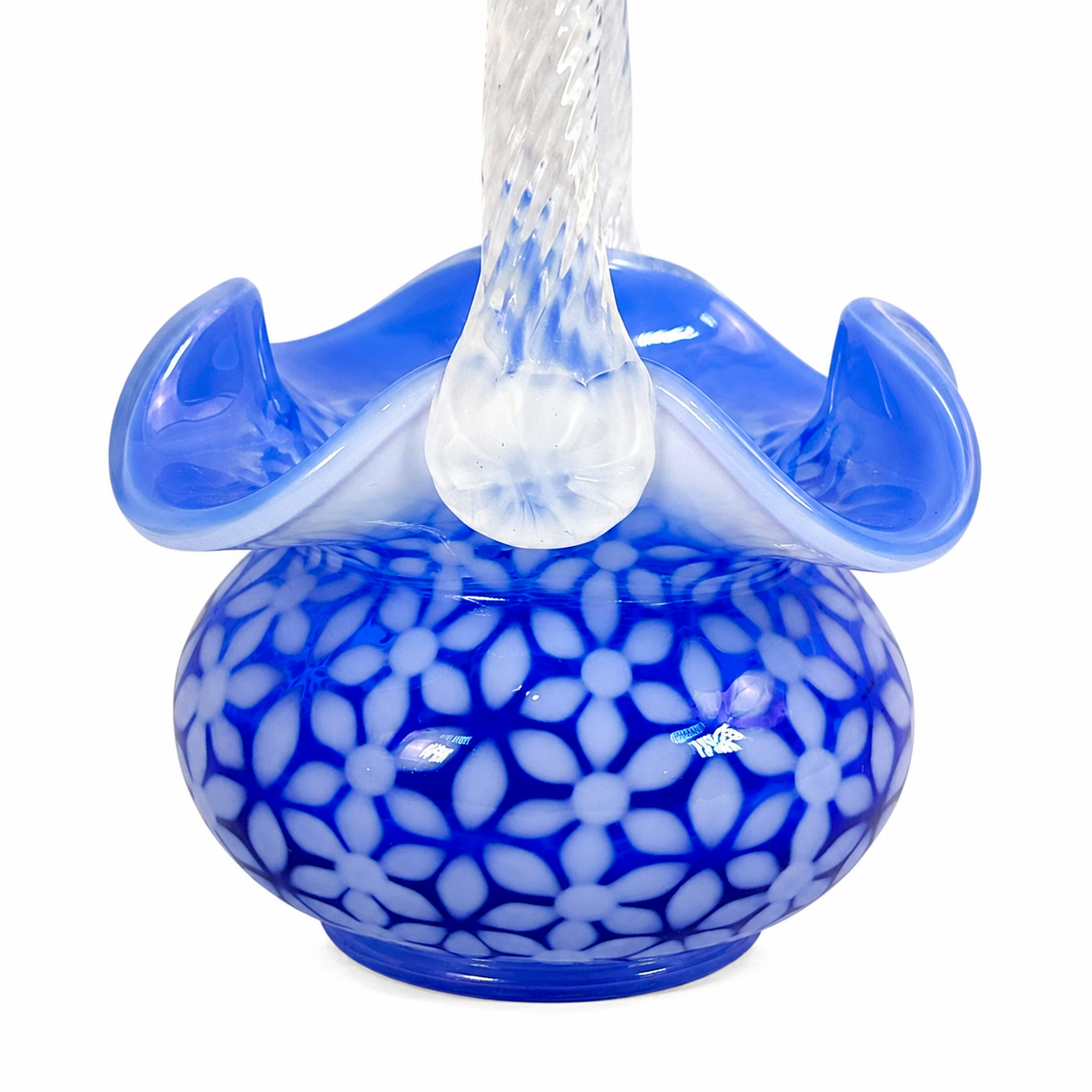Fenton Snowflake art glass basket in cobalt opalescent