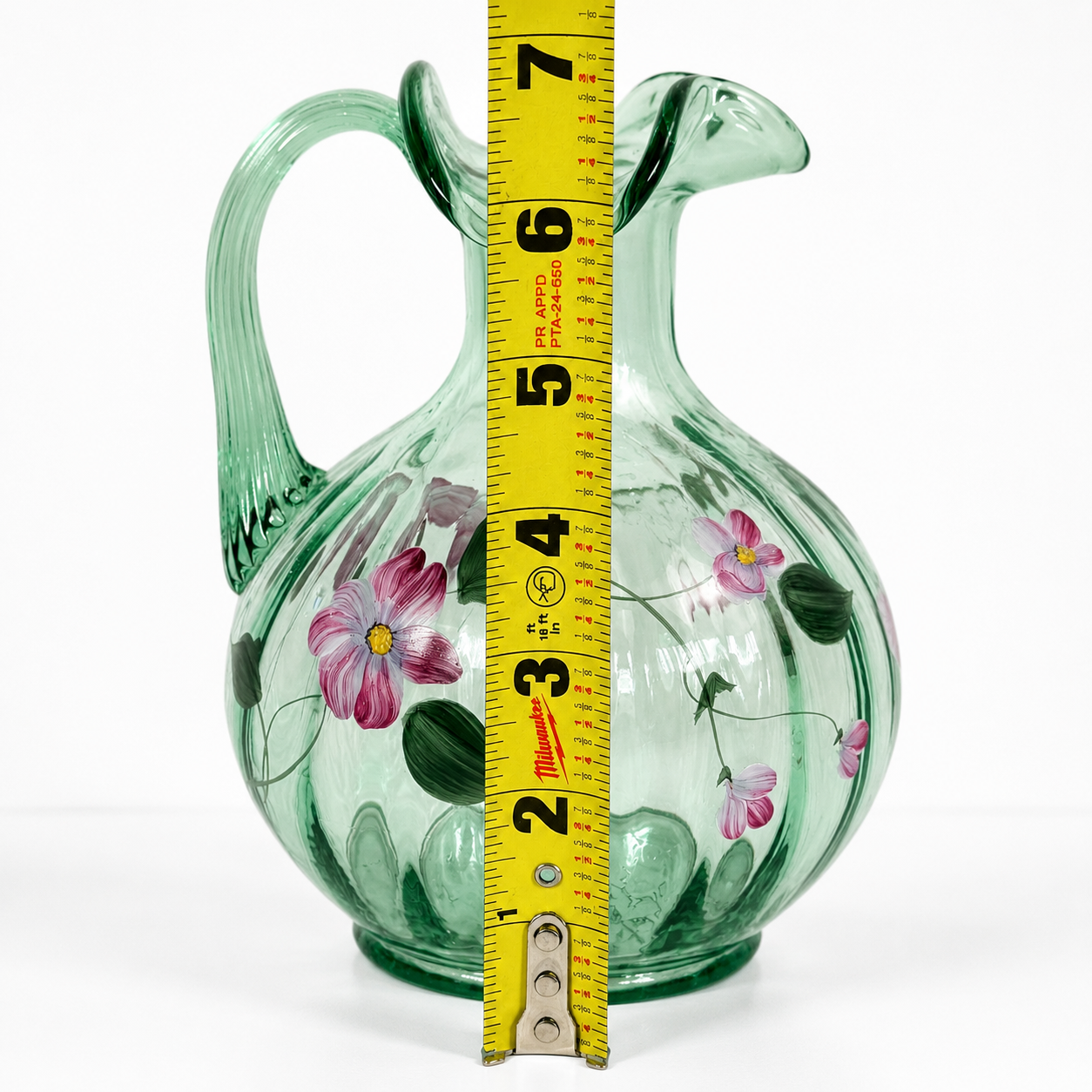 Vintage Fenton signed Sea Mist Green floral glass pitcher