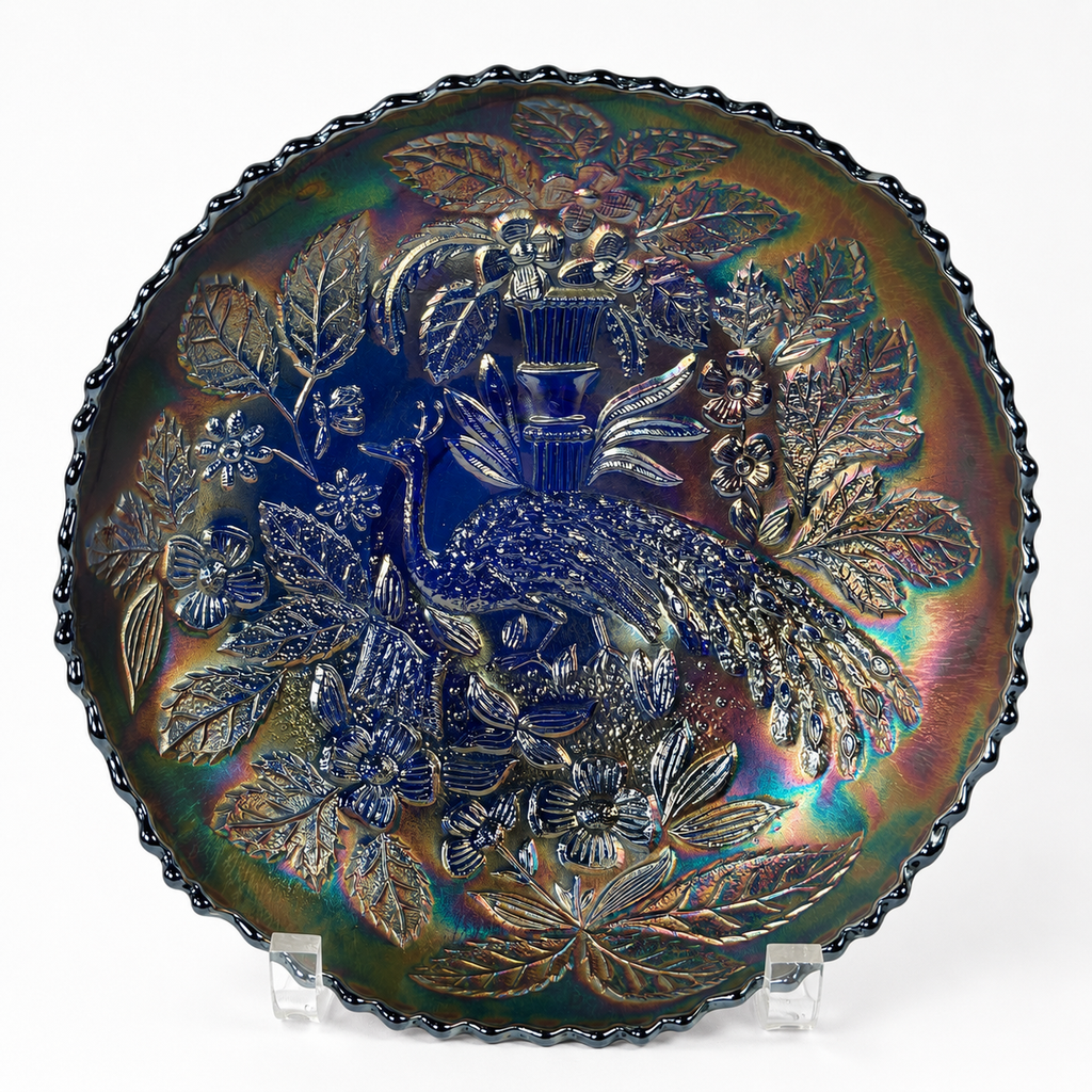 Antique Fenton Peacock and Urn cobalt blue carnival glass bowl