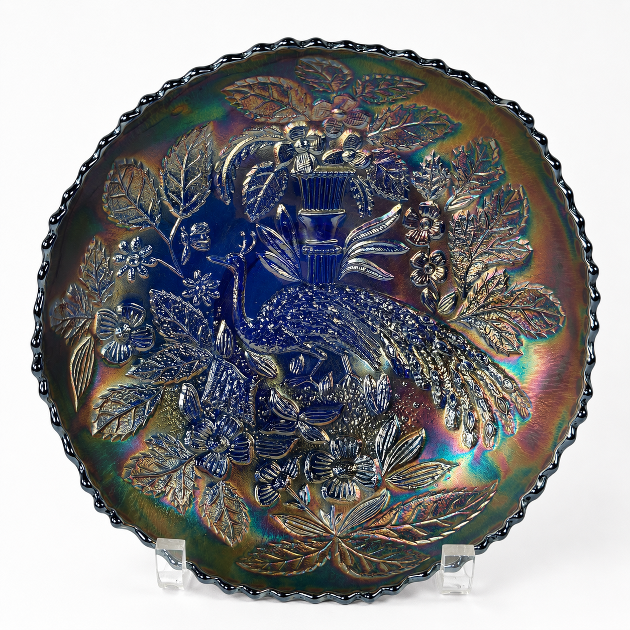 Antique Fenton Peacock and Urn cobalt blue carnival glass bowl