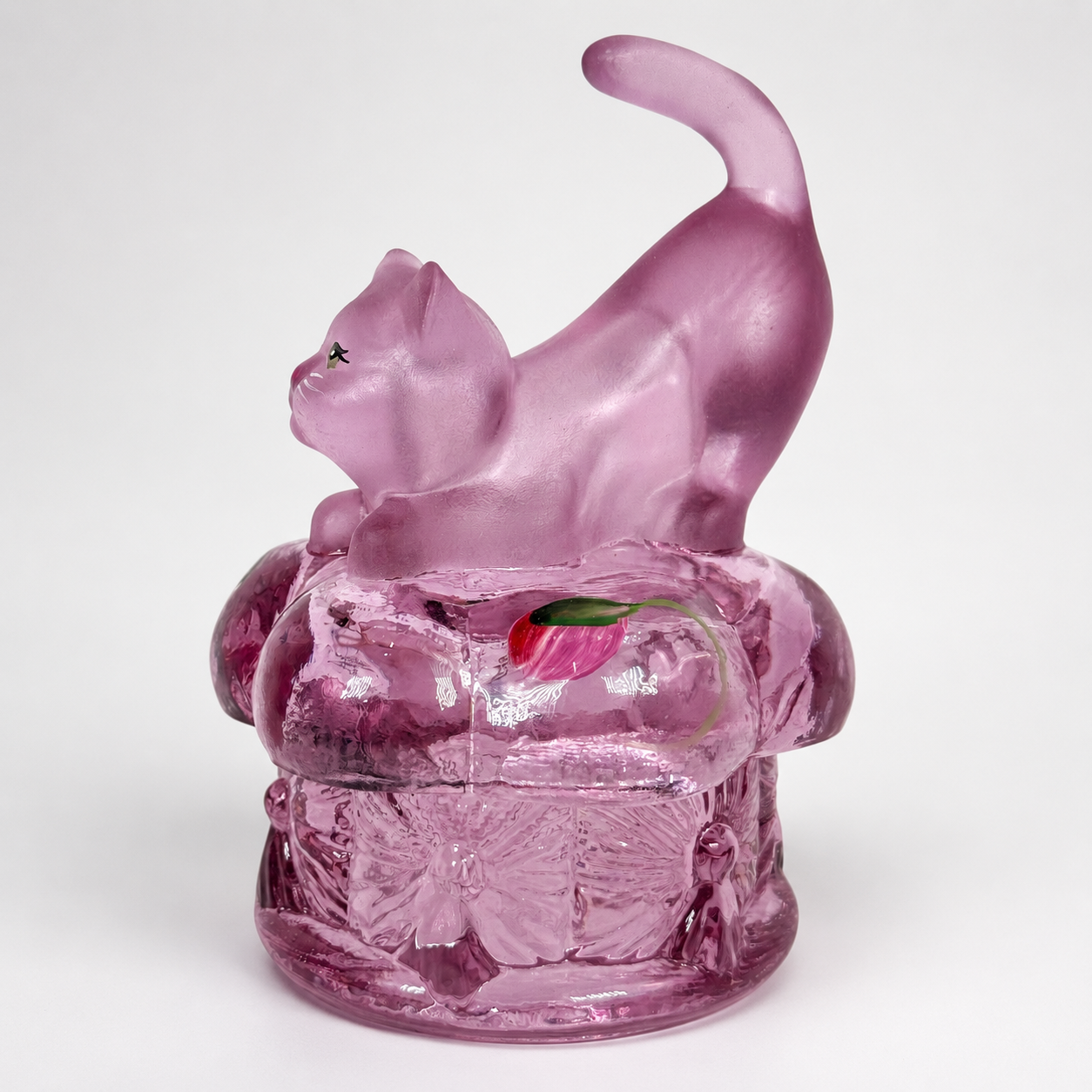 Hand-painted Fenton pink cat covered glass trinket box