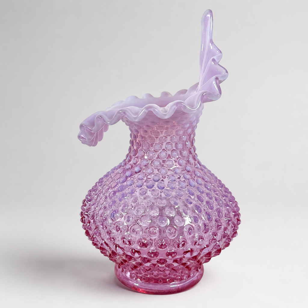 Vintage Fenton lavender pink hobnail art glass vase with ruffled rim