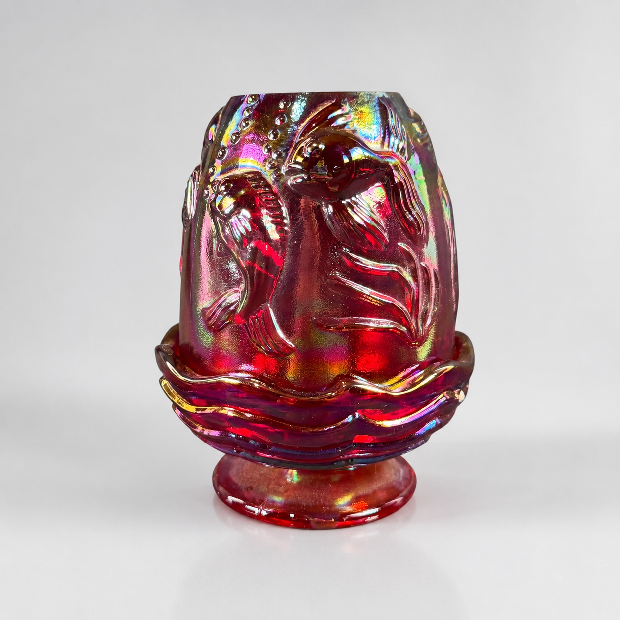 Fenton Ruby Red Carnival Koi Atlantis fairy lamp signed