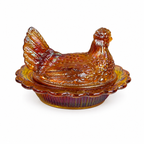 Vintage iridescent marigold glass hen on nest by Mosser
