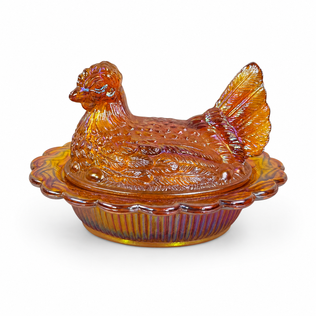 Mosser Glass marigold carnival hen on nest covered dish