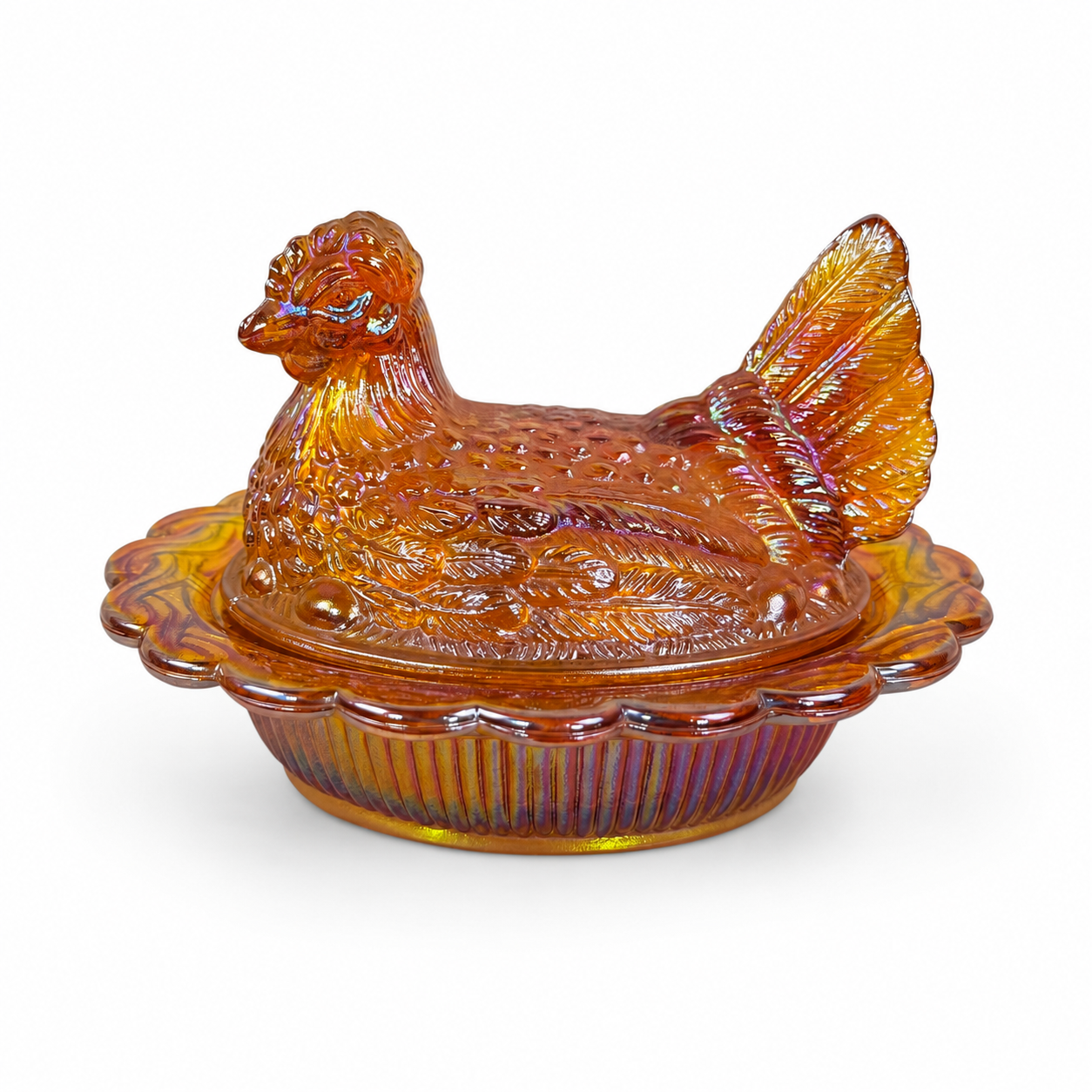 Mosser Glass marigold carnival hen on nest covered dish