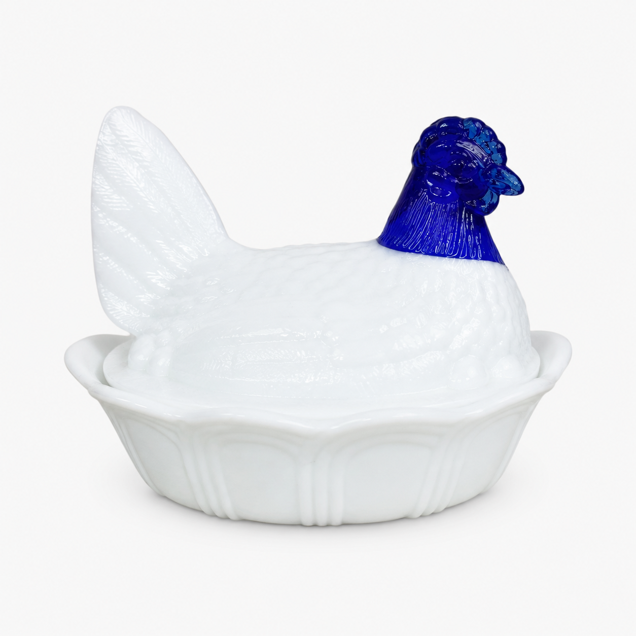 Fenton white milk glass hen on nest with dipped cobalt blue head