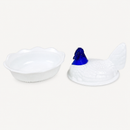 Collectible Fenton hen on nest covered dish with blue accents
