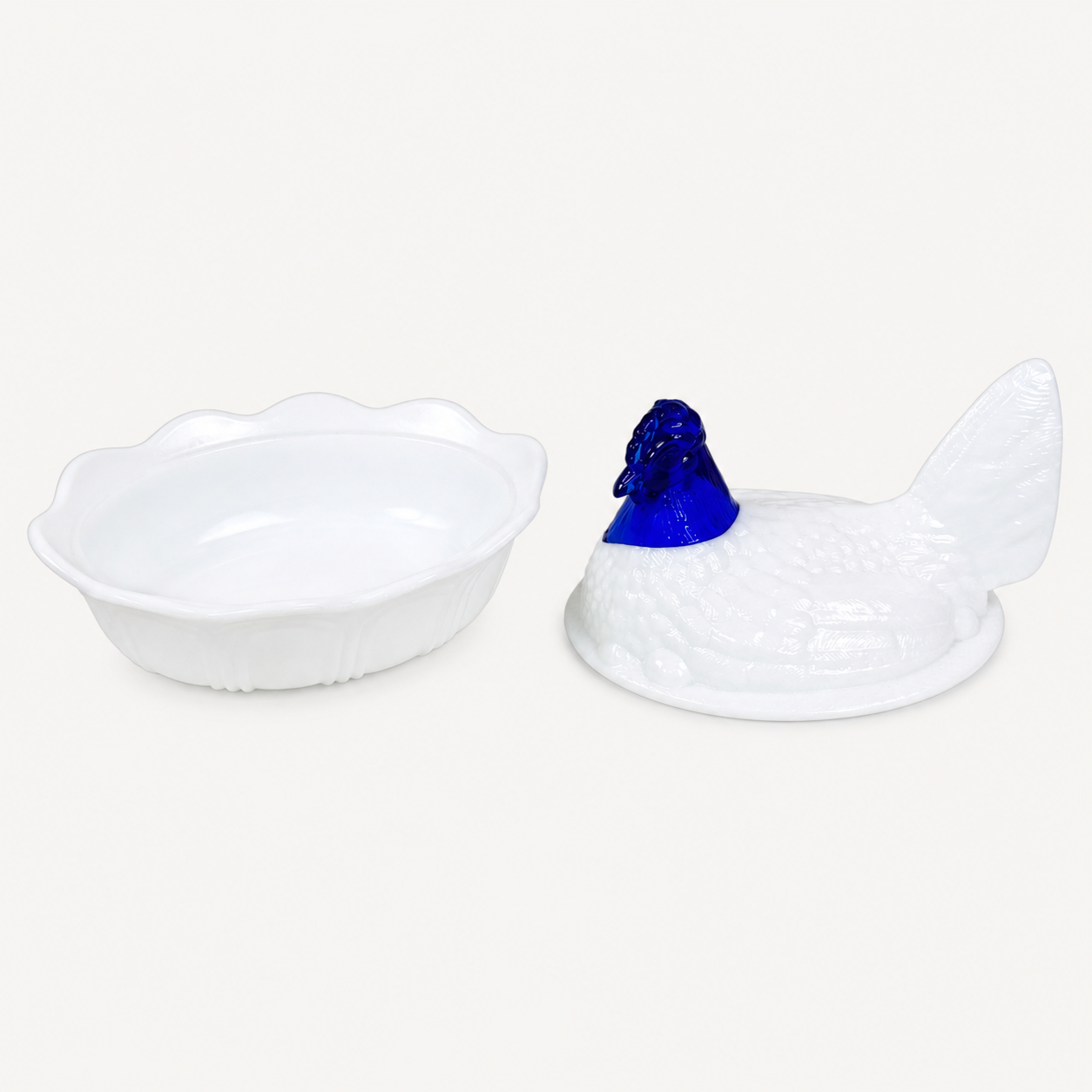 Collectible Fenton hen on nest covered dish with blue accents