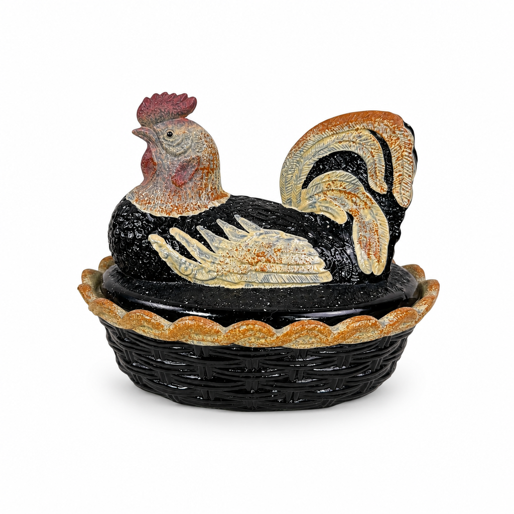 Fenton Folk Art Collection black glass hen on nest with hand painted rooster