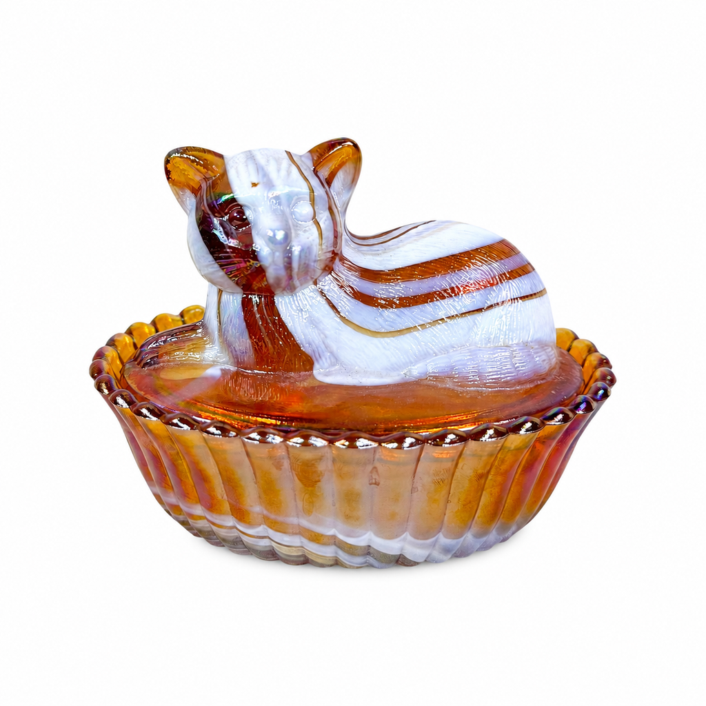 Westmoreland Glass caramel slag Cat on Nest covered dish