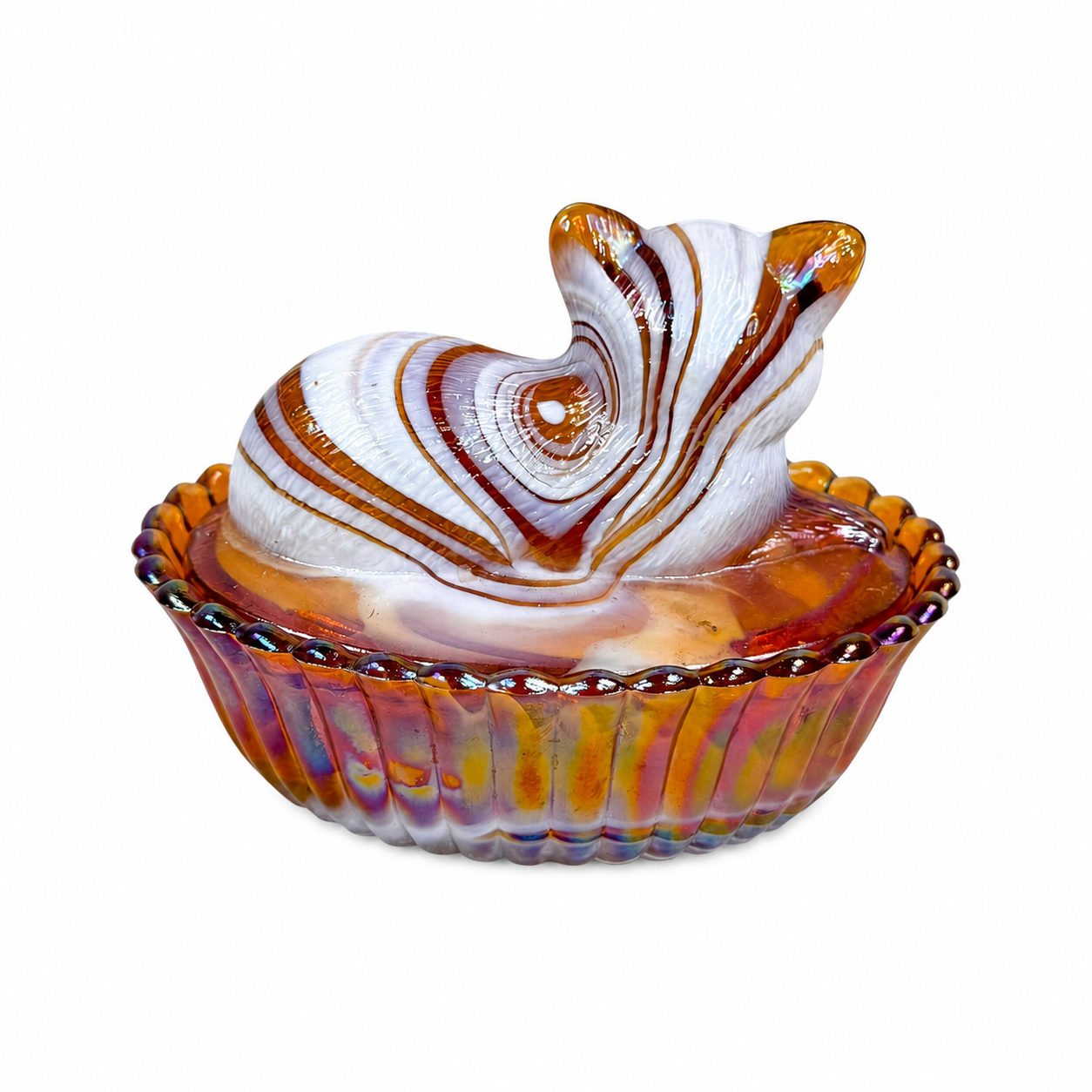 Vintage Westmoreland cat covered dish in marbled caramel slag glass