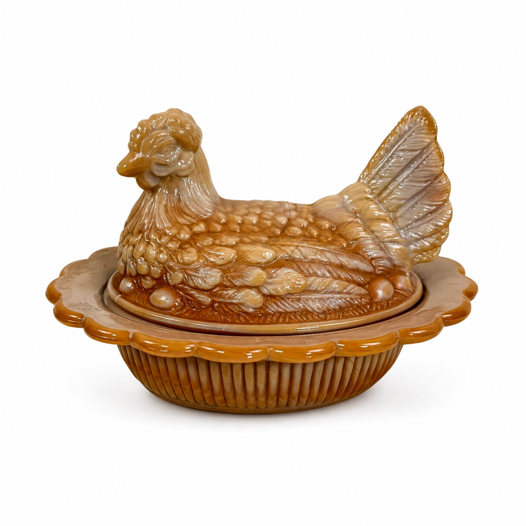 Mosser Glass Chocolate Slag Hen on Nest covered dish