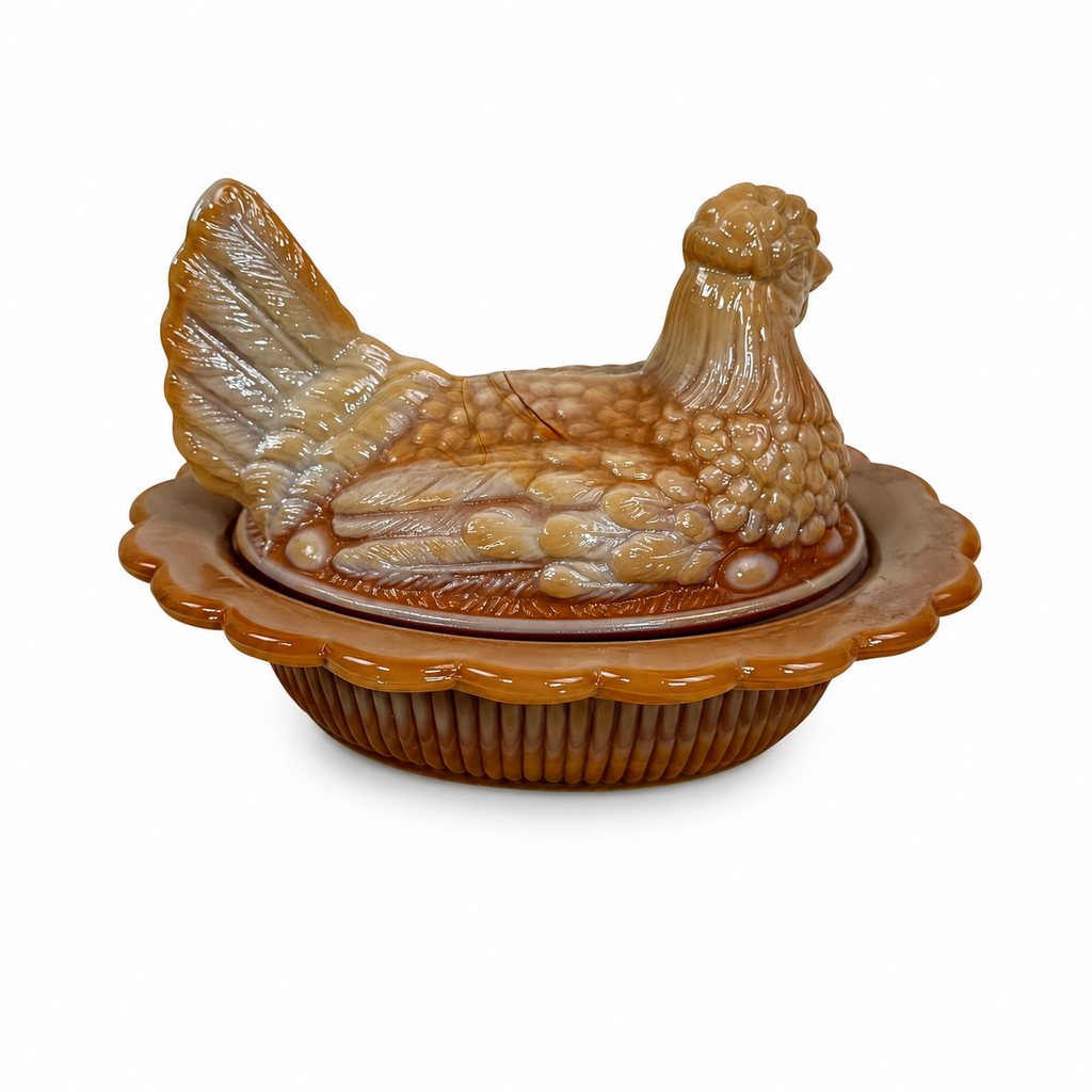 Mosser 6.5 inch hen on nest in brown and cream slag glass