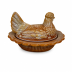 Mosser 6.5 inch hen on nest in brown and cream slag glass