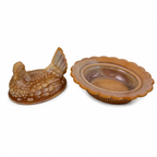 Chocolate slag glass covered hen dish by Mosser Glass