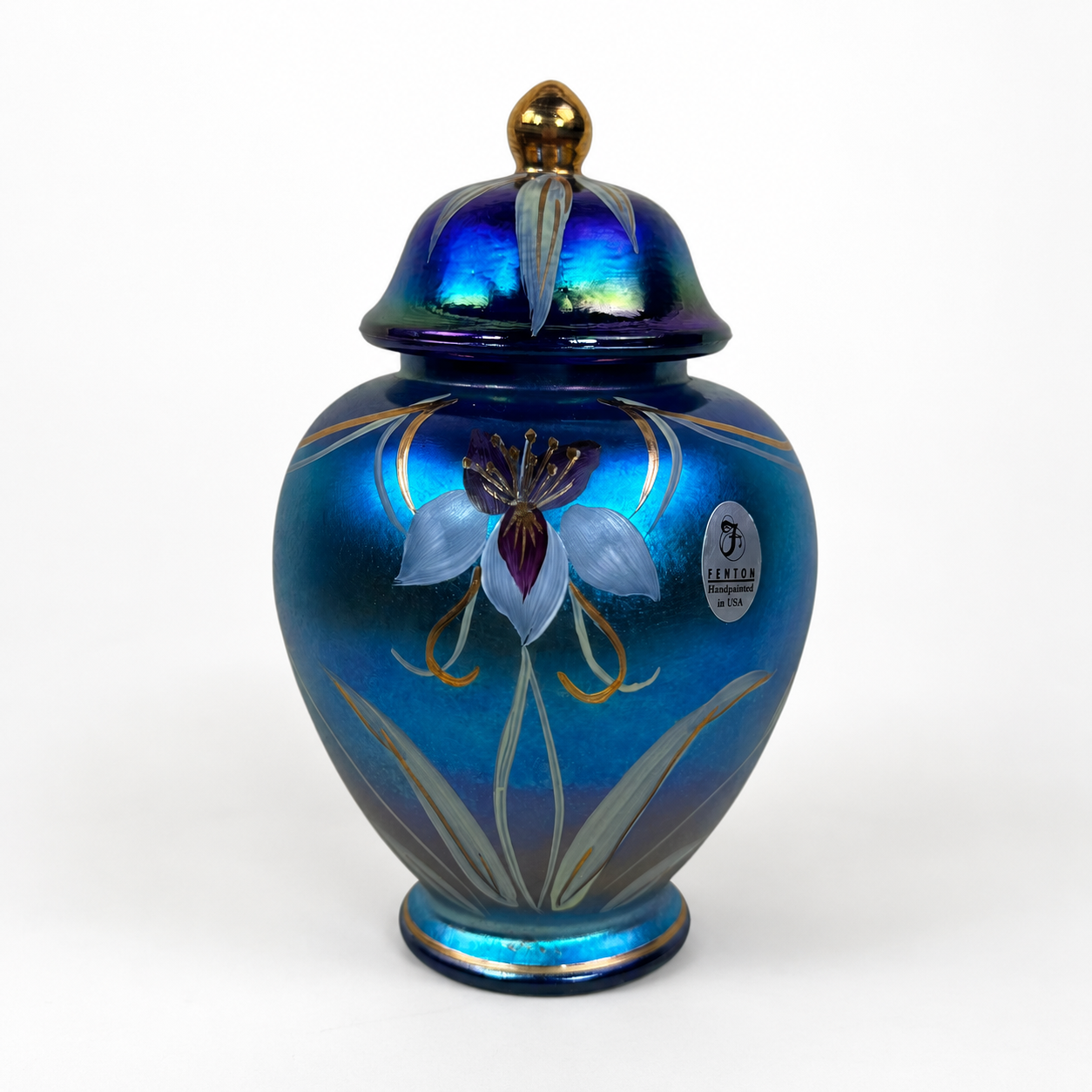 Fenton Favrene hand-painted iris ginger jar limited edition art glass