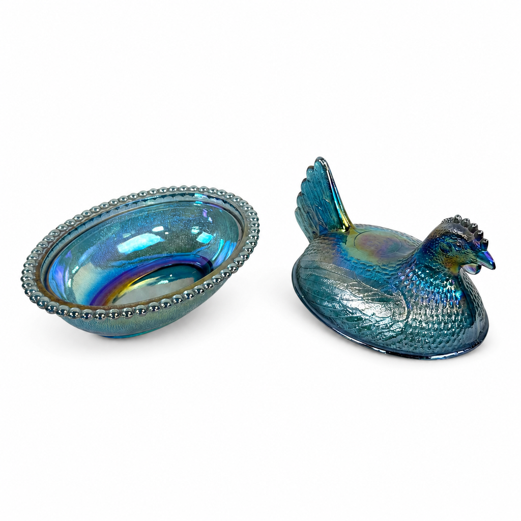 Vintage Indiana Glass blue carnival glass covered dish