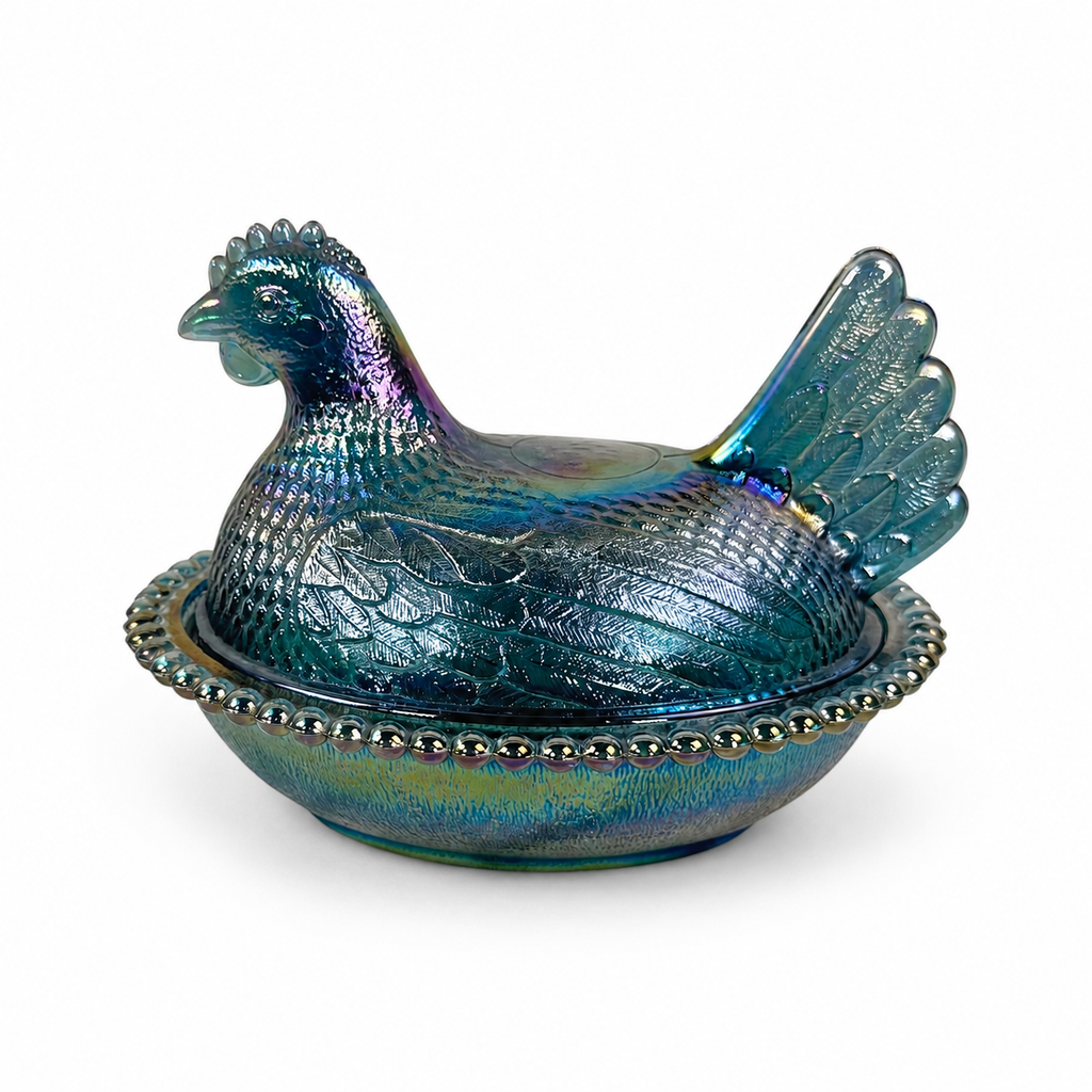 Blue iridescent hen on nest collectible by Indiana Glass