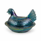 Blue iridescent hen on nest collectible by Indiana Glass