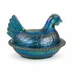 Indiana Glass Hen on Nest covered candy dish in blue carnival glass