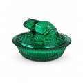 Boyd Art Glass Frog on Nest covered dish in Evergreen glass
