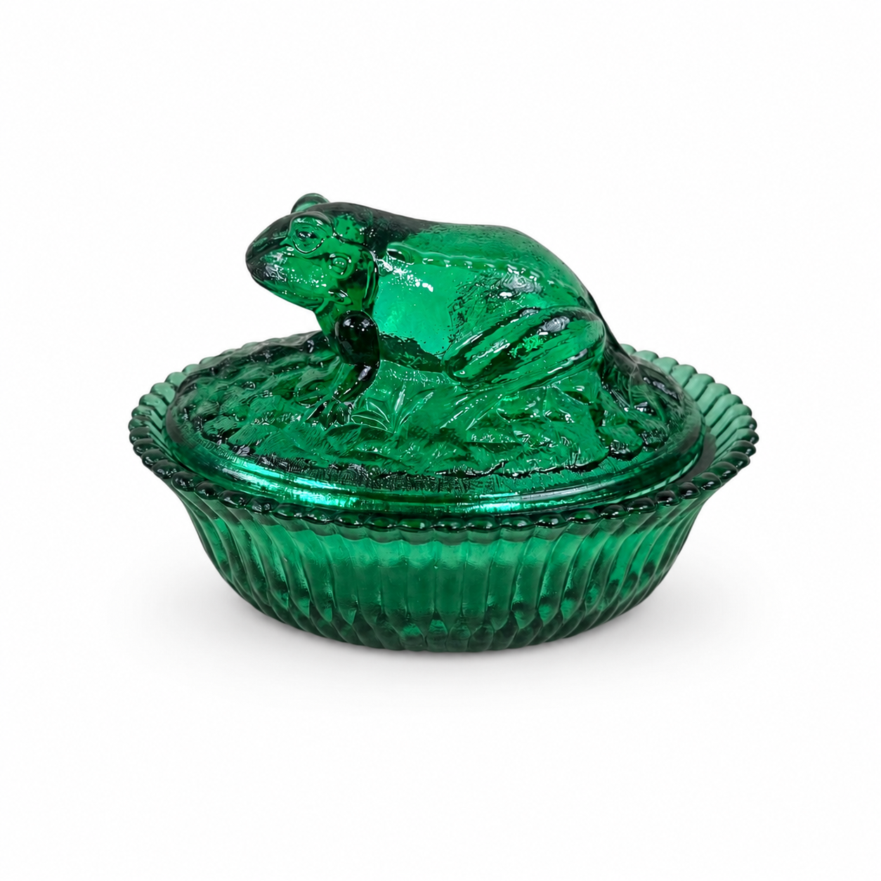 Boyd Art Glass Frog on Nest covered dish in Evergreen glass