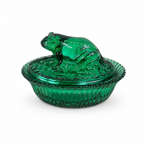 Boyd Art Glass Frog on Nest covered dish in Evergreen glass