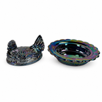 Iridescent amethyst carnival glass hen on nest by Mosser