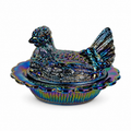 Mosser Art Glass Hen on Nest covered dish in amethyst carnival glass