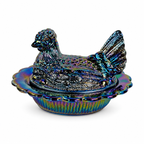 Mosser Art Glass Hen on Nest covered dish in amethyst carnival glass