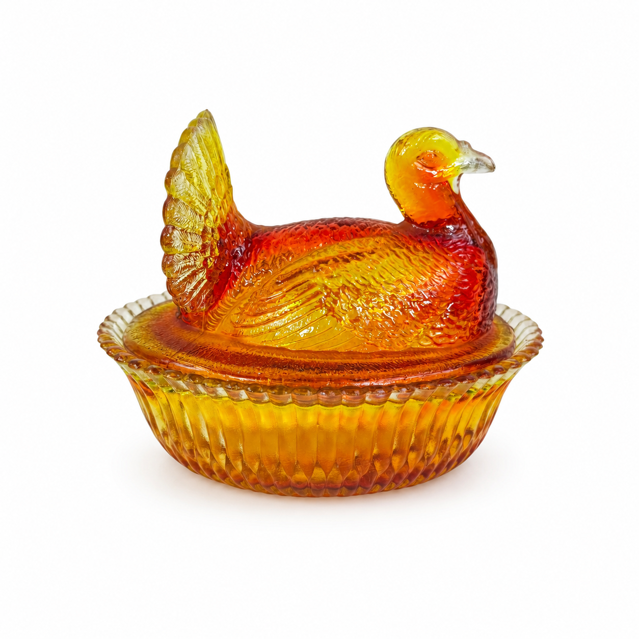 Fenton Art Glass Turkey on Nest covered dish in Amberina glass