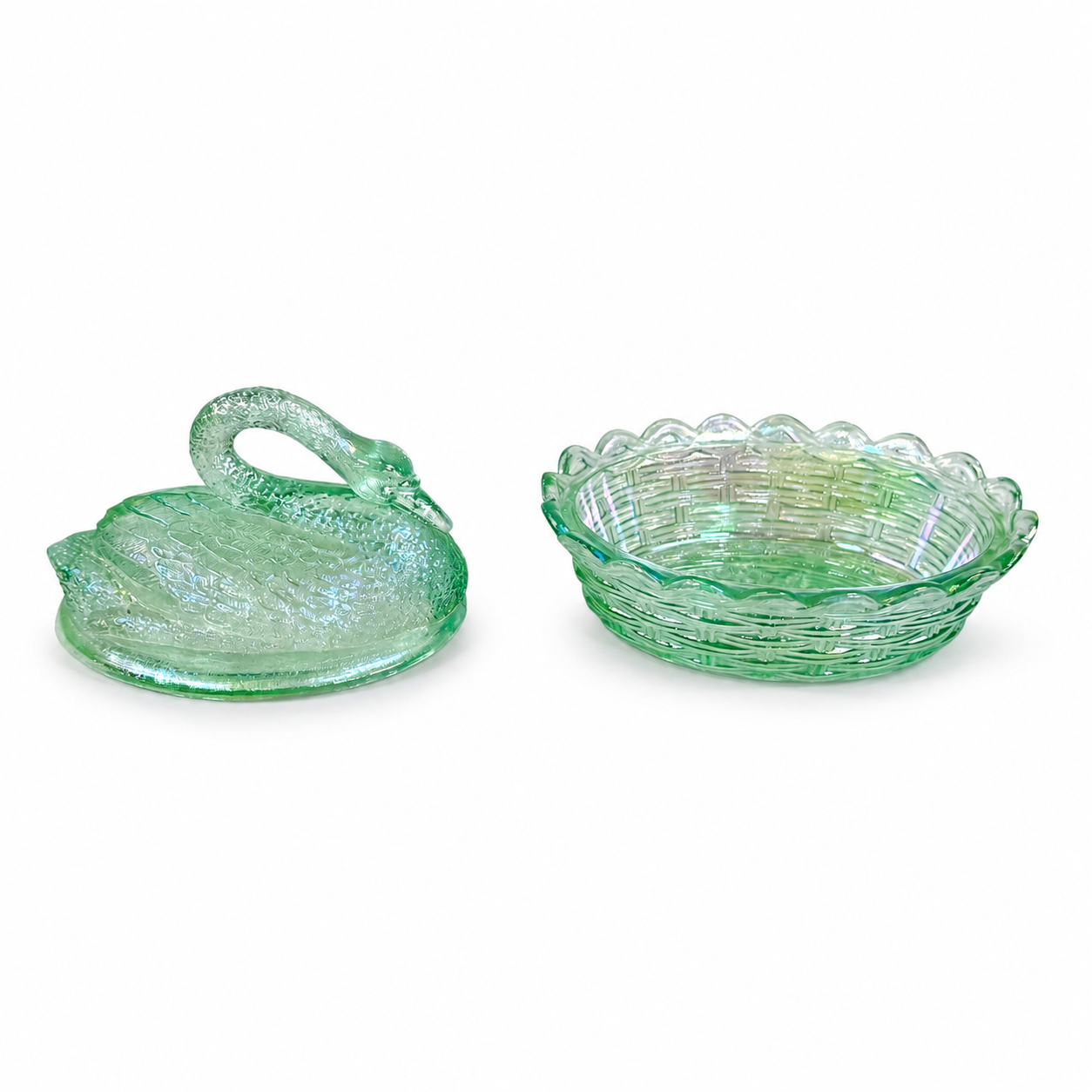 Willow Green Fenton swan trinket dish with iridescent finish