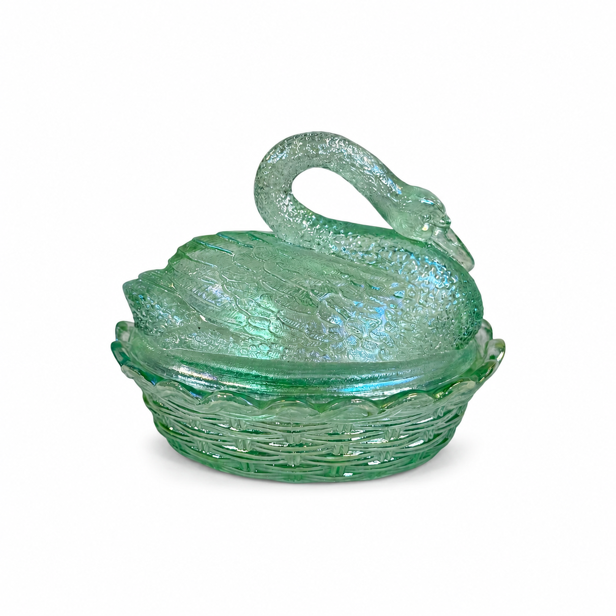 Fenton Swan on Nest covered dish in Willow Green iridescent glass