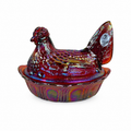 Fenton Art Glass Hen on Nest covered dish in Ruby Carnival glass