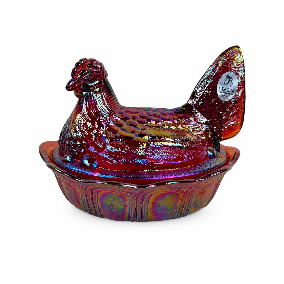 Fenton Art Glass Hen on Nest covered dish in Ruby Carnival glass
