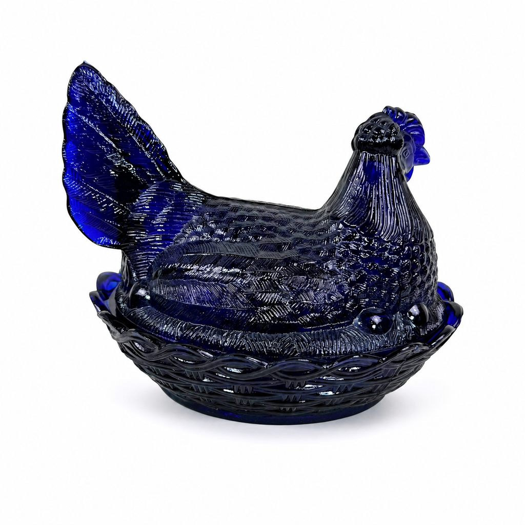 Vintage cobalt blue hen on nest collectible glass dish