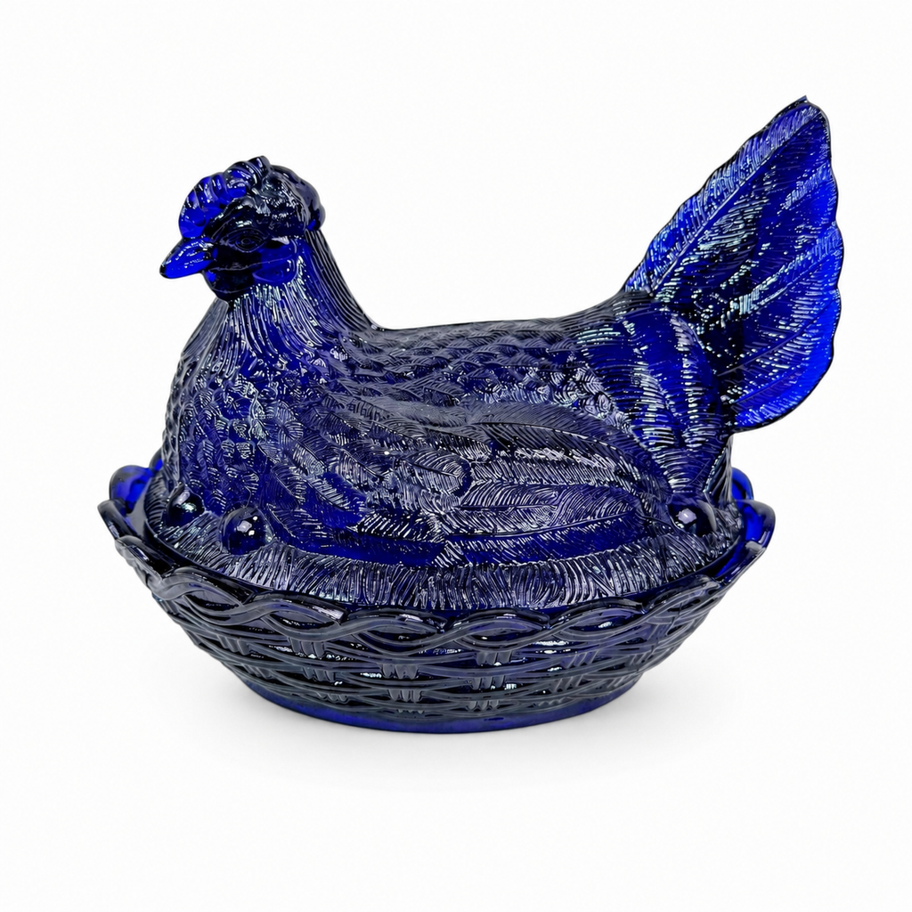 L.G. Wright Large Hen on Nest covered dish in cobalt blue glass