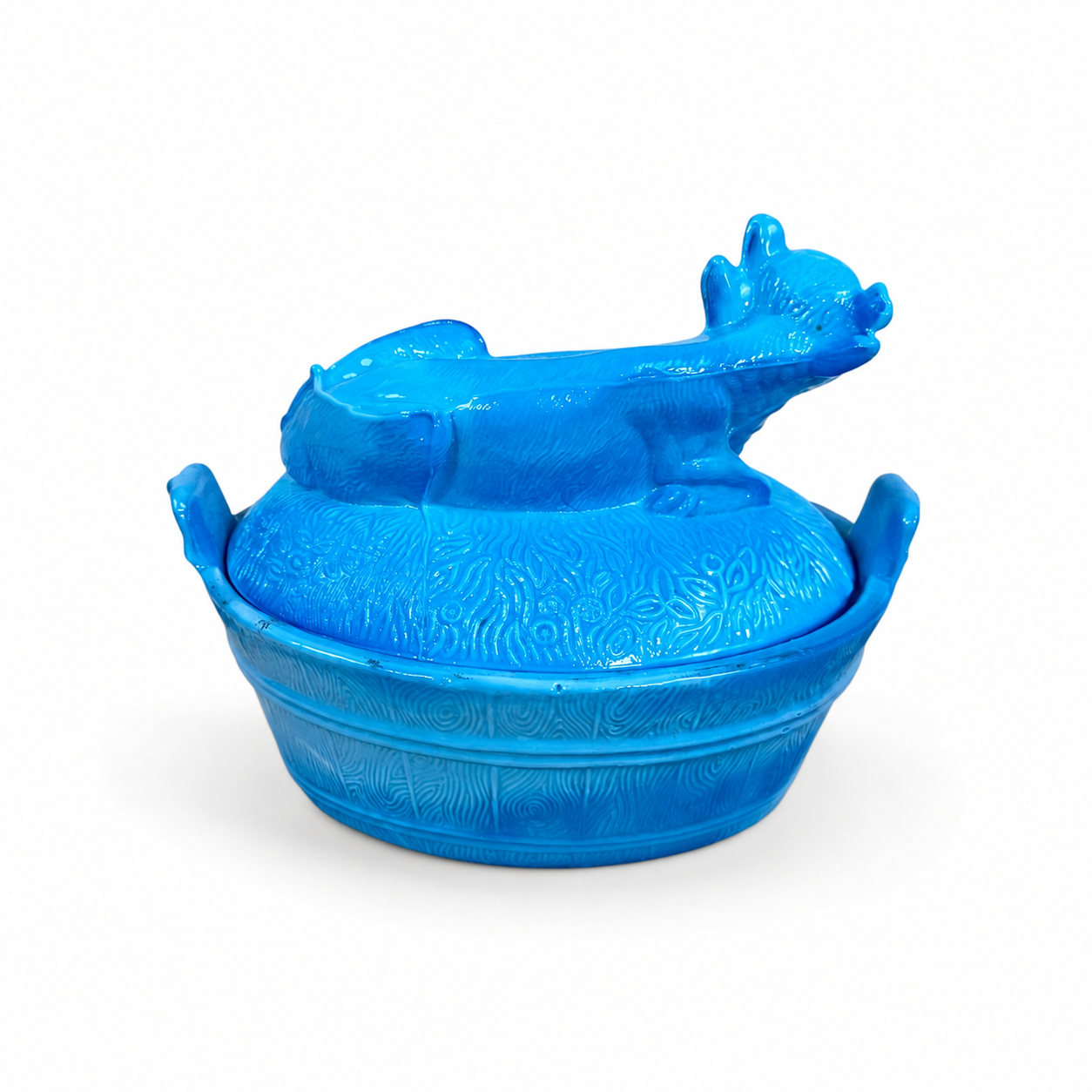 Vintage blue glass cow covered dish with nest base
