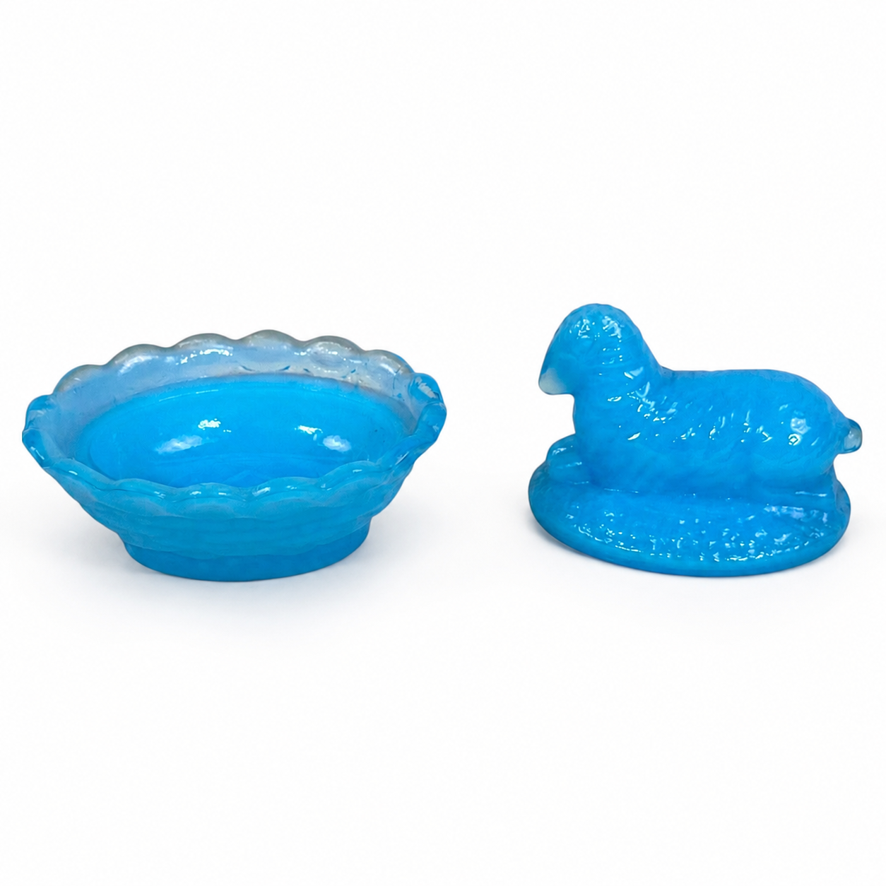 Capri Blue glass lamb covered dish by Boyd Art Glass