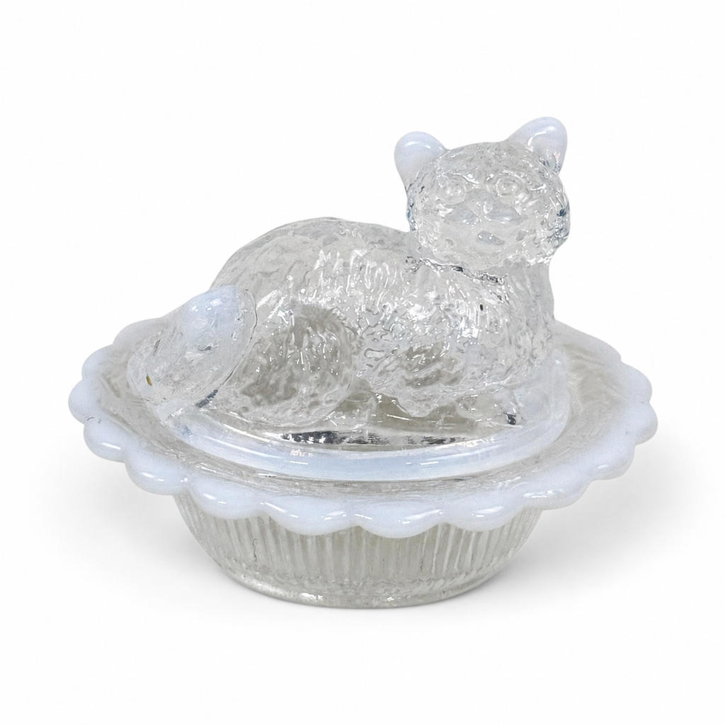 Mosser Mini Cat on Basket covered dish in white opalescent glass