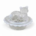Mosser Mini Cat on Basket covered dish in white opalescent glass