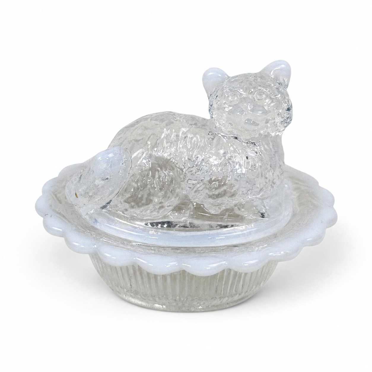 Mosser Mini Cat on Basket covered dish in white opalescent glass