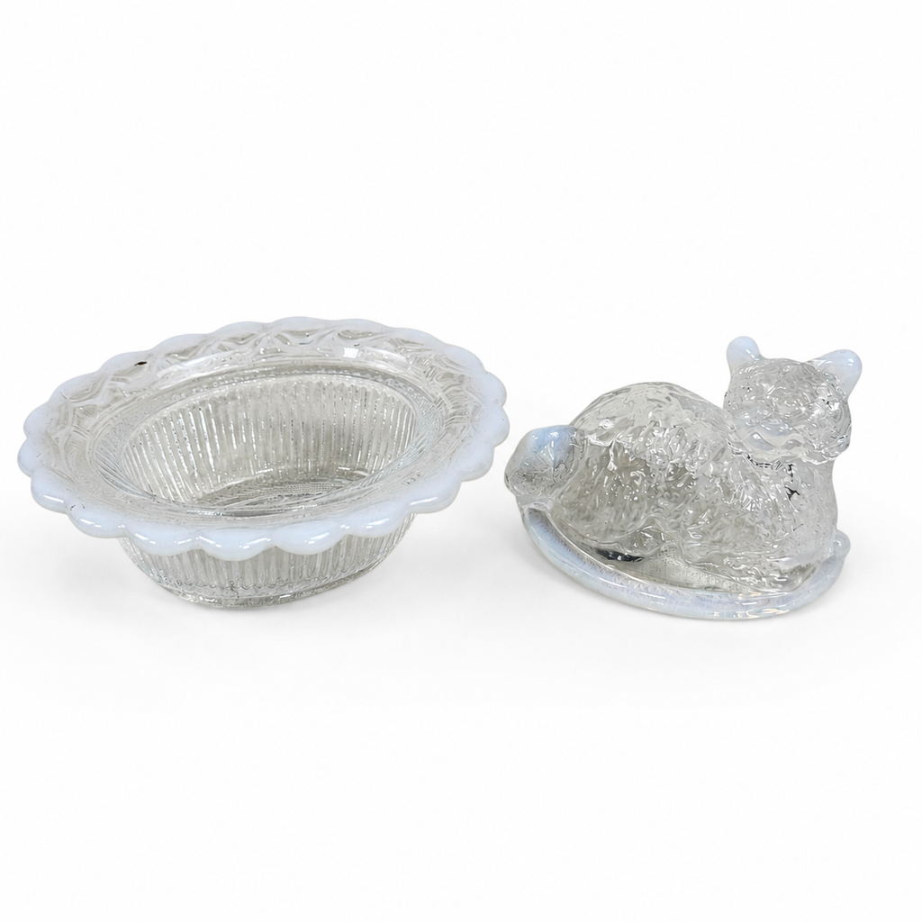 White opalescent glass cat trinket dish by Mosser