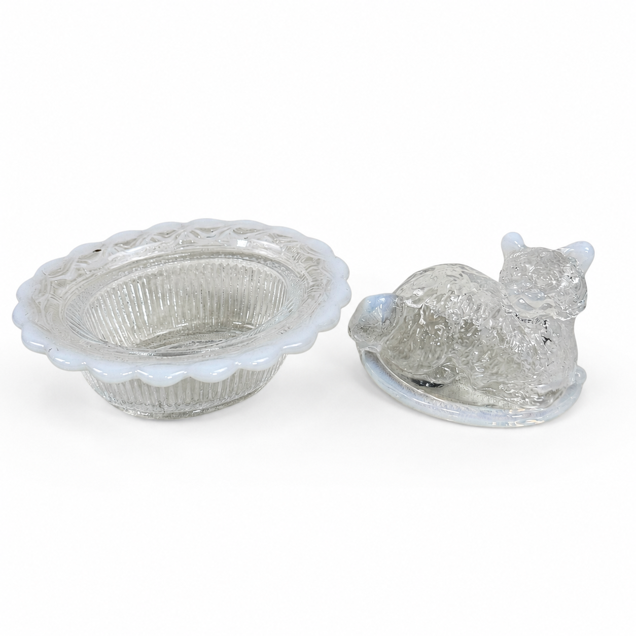 White opalescent glass cat trinket dish by Mosser