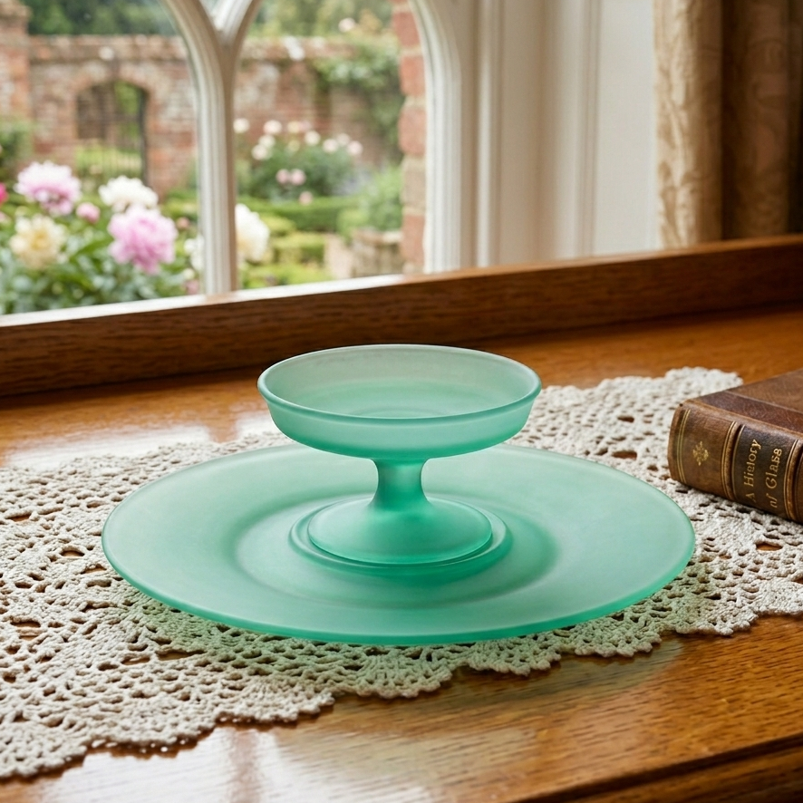 Tiffin satin green uranium glass plate and sherbet set