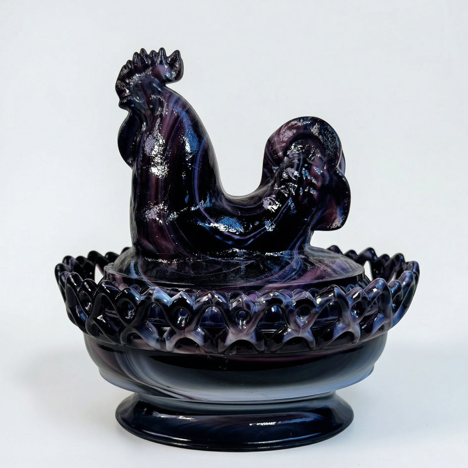 Imperial purple slag glass rooster on nest covered dish vintage amethyst swirl glass