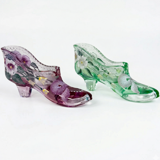 Fenton hand painted glass slipper set green and pink signed collectible shoes